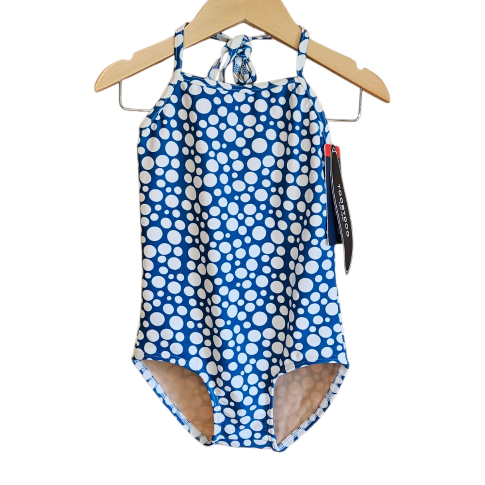 NEW! Toobydoo Swim Girls Size 3-4 Blue White Polka Dot Halter One Piece Swimsuit